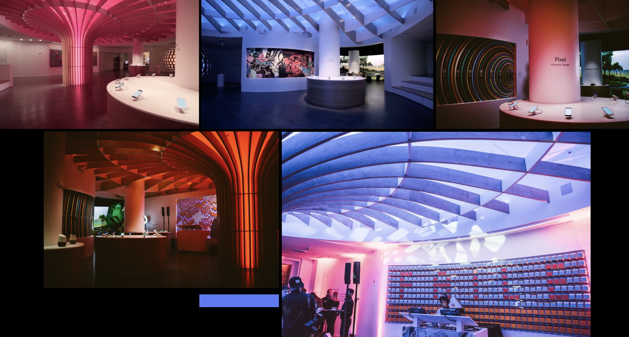 Interior views of the shop under coloured light