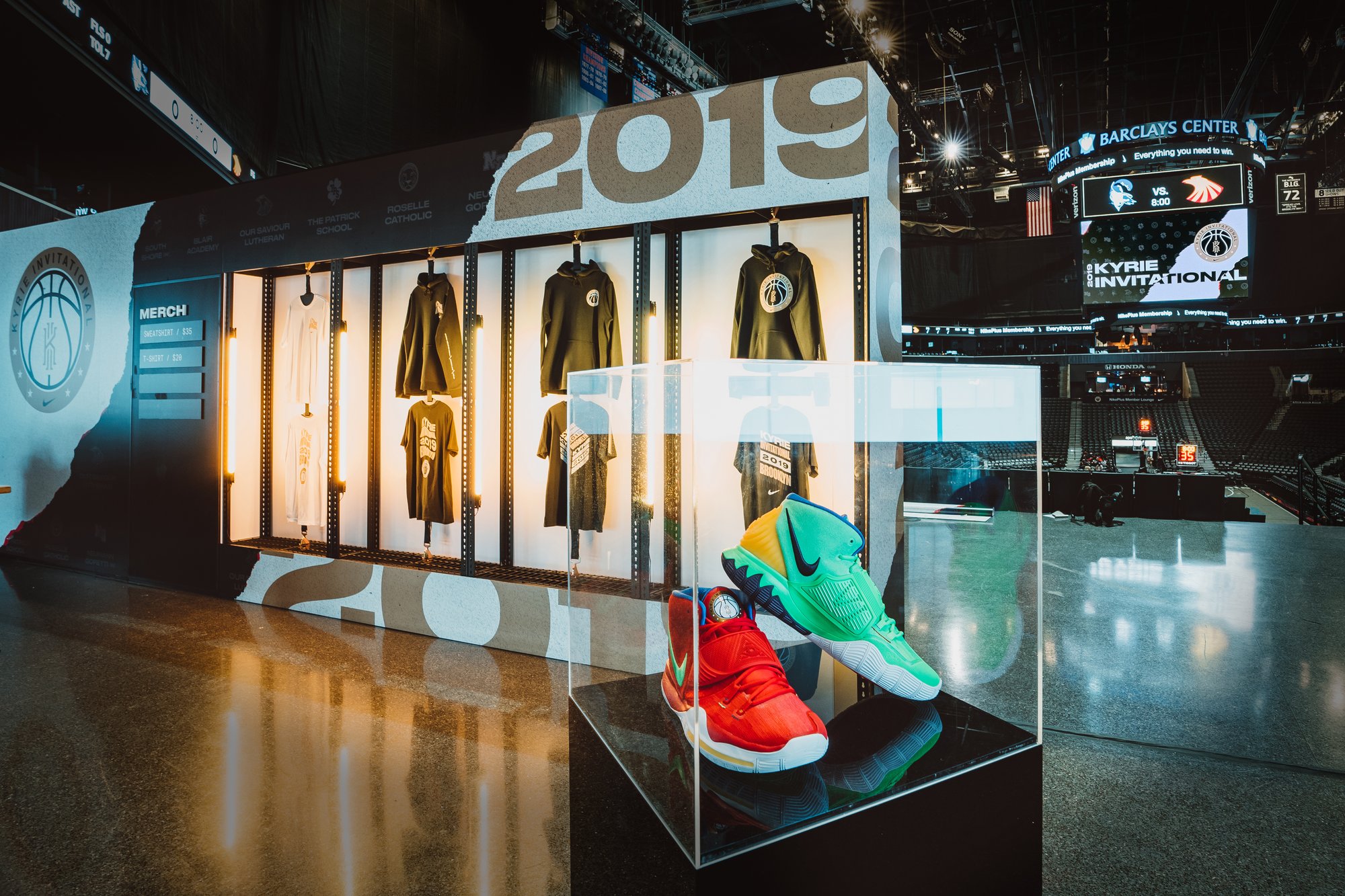 Merch build and shoe case on the Barclays Center floor