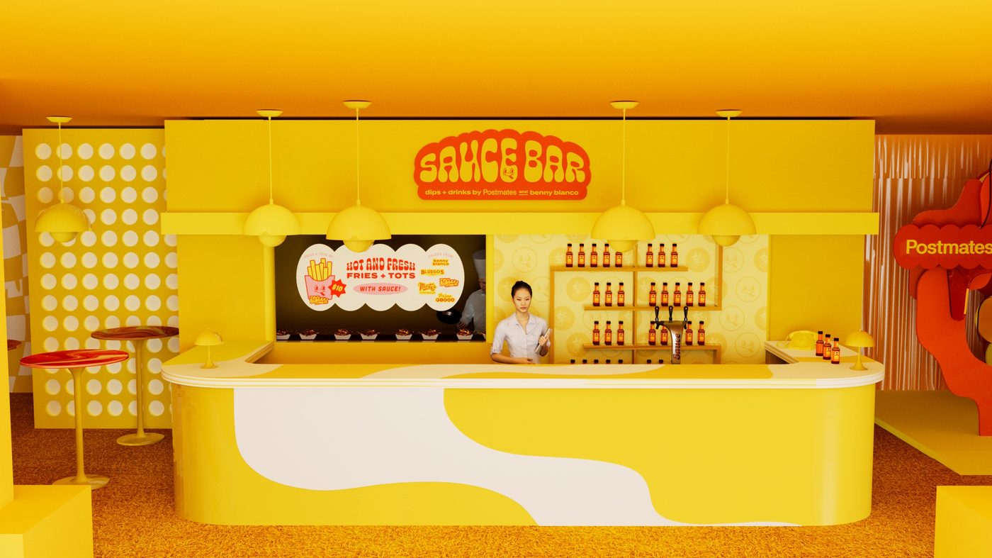 Sauce Bar render — mascot activation wall