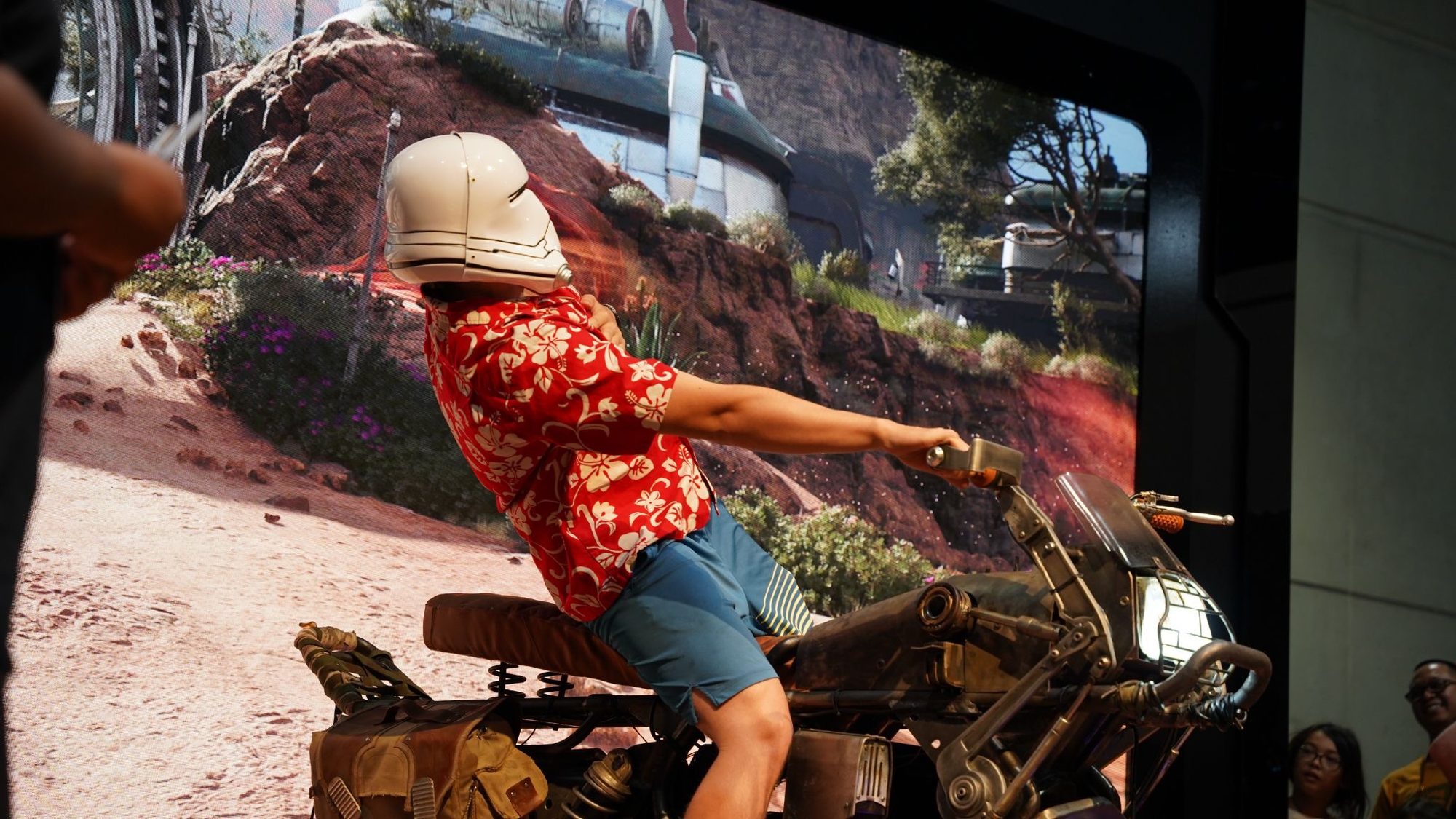 Visitor riding the practical speeder rig
