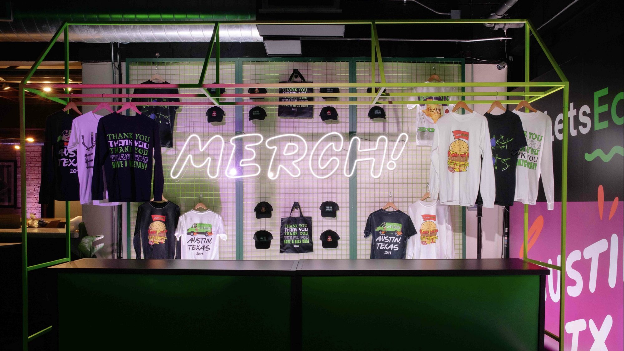 Let's Eats merch wall, Austin